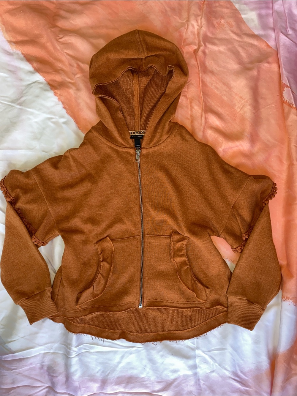 Art Class Ruffled Sleeve Zip-Up Hoodie in Rust Girls Size Small 6/6X NEW